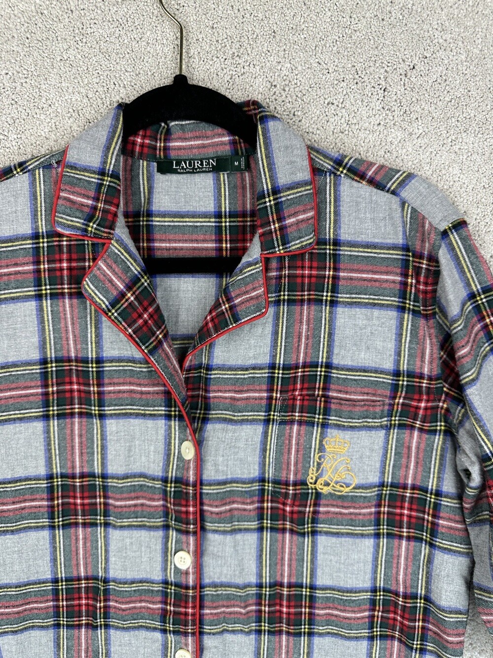 Ralph Lauren Green Label Sleepwear Medium Plaid Gray Flannel Crest